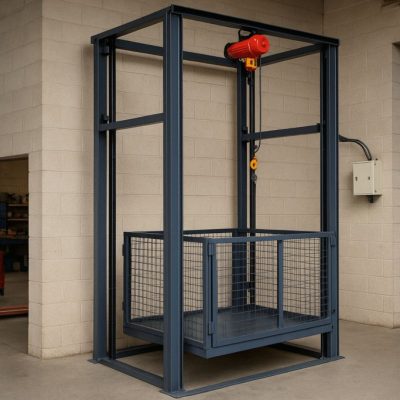 Mẫu thang nâng hàng tời điện nhỏ gọn, motor kéo cáp, thích hợp cho không gian hạn chế.